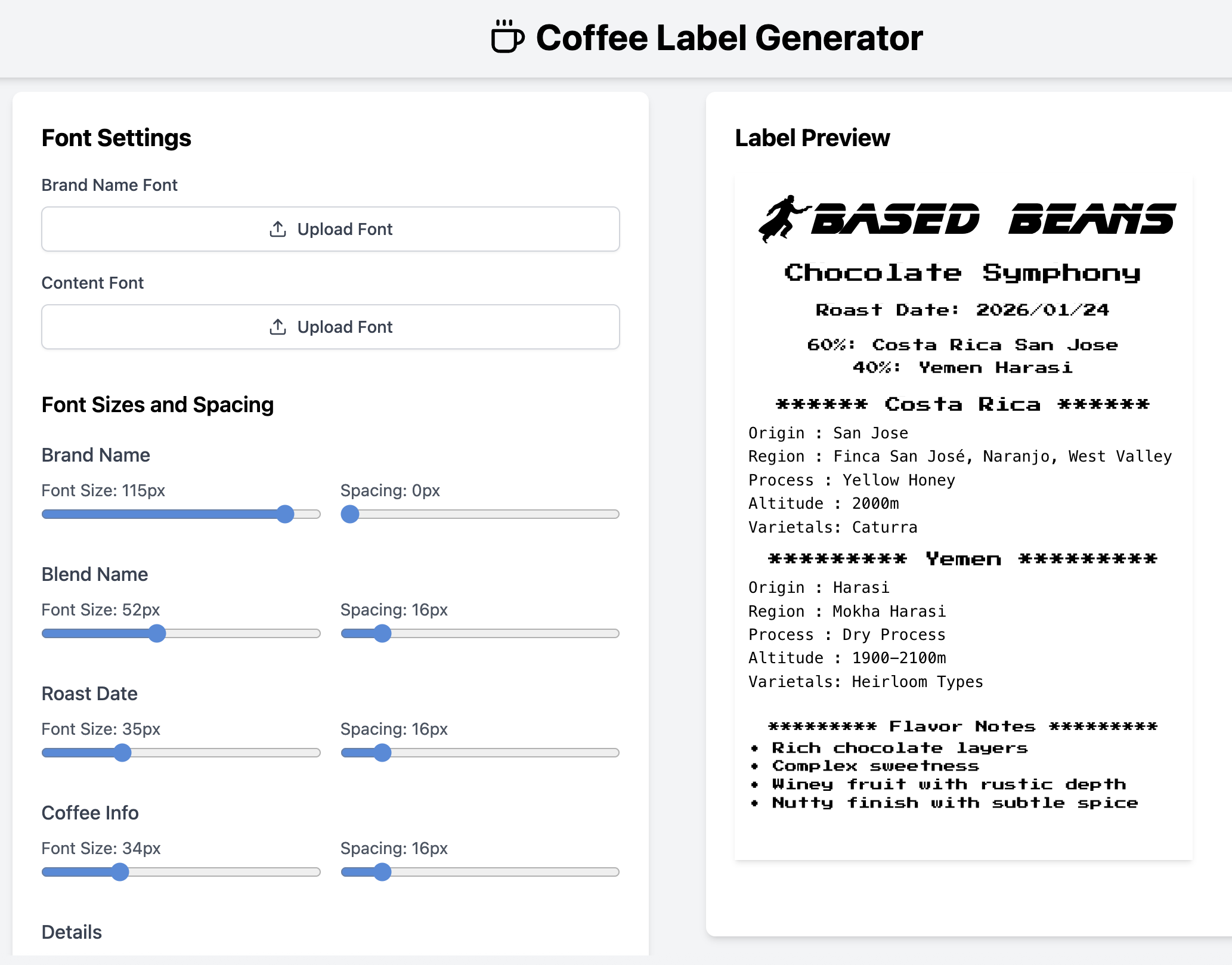 Coffee Label Generator screenshot